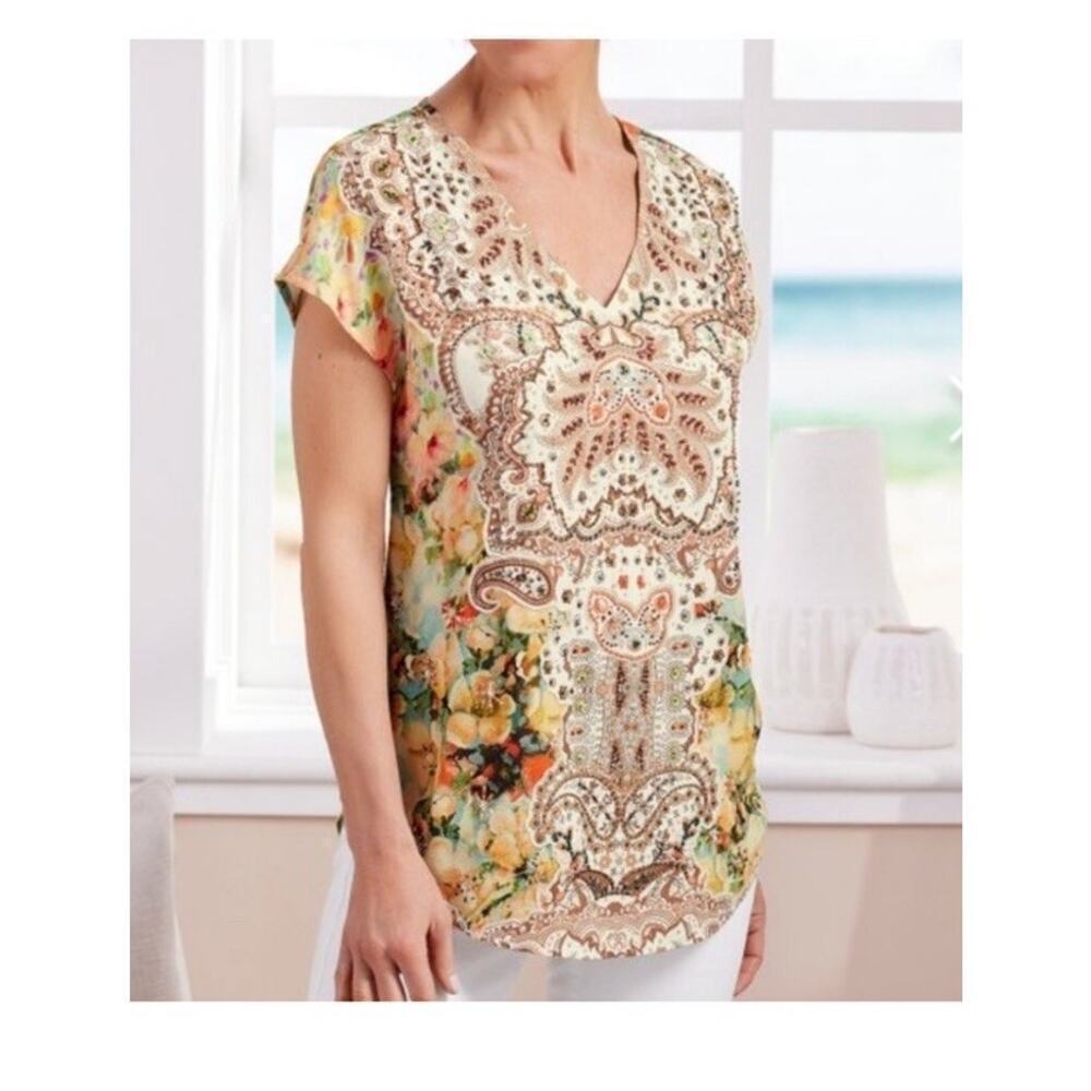 Soft Surroundings Beaded & Sequined Floral Patricia Tunic Top Size Small